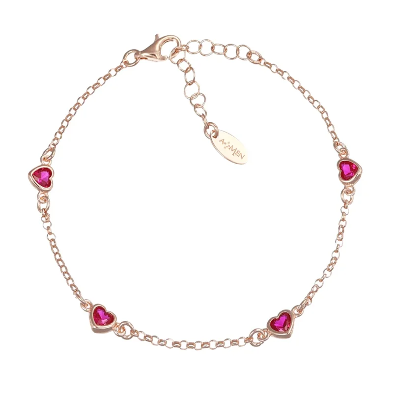 Bracciale Amen Cinque Cuori Rubino Argento 925 Rosè e Zirconi Rossi BRCUSERRZ