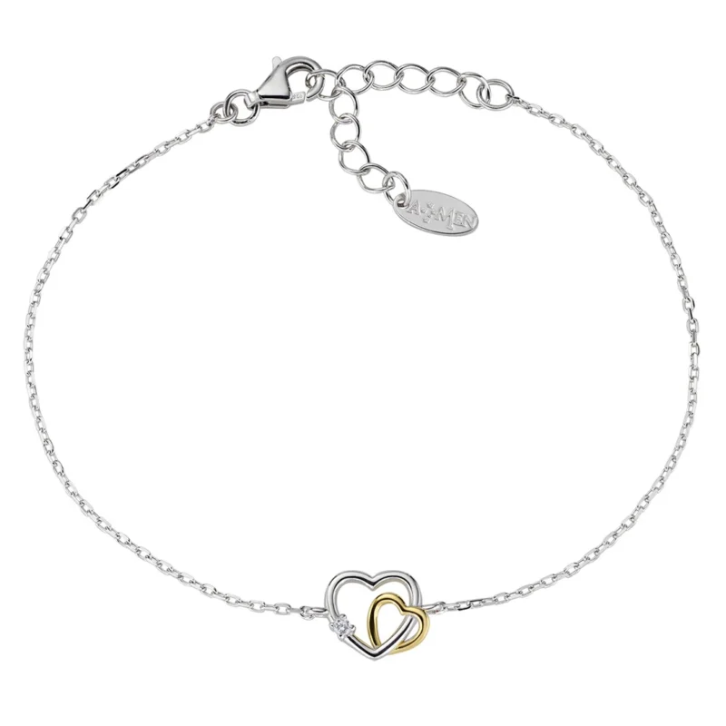 Bracciale Amen Due Cuori Argento 925 Rodiato e Dorato e Zirconi Bianchi BRHBHGBZ