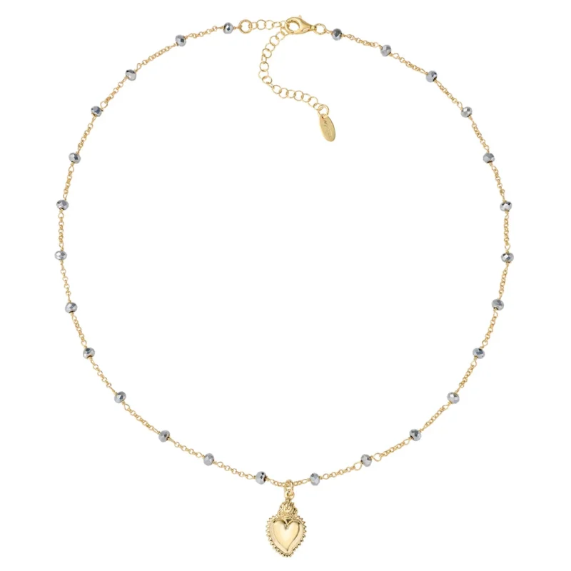 Collana Amen Dorata Sacro Cuore con Cristalli Grigi Argento 925 CLSCGGG