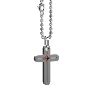 Collana Zancan Croce Rosa dei Venti Titanio Rosè e Diamanti Neri ETC130R-B