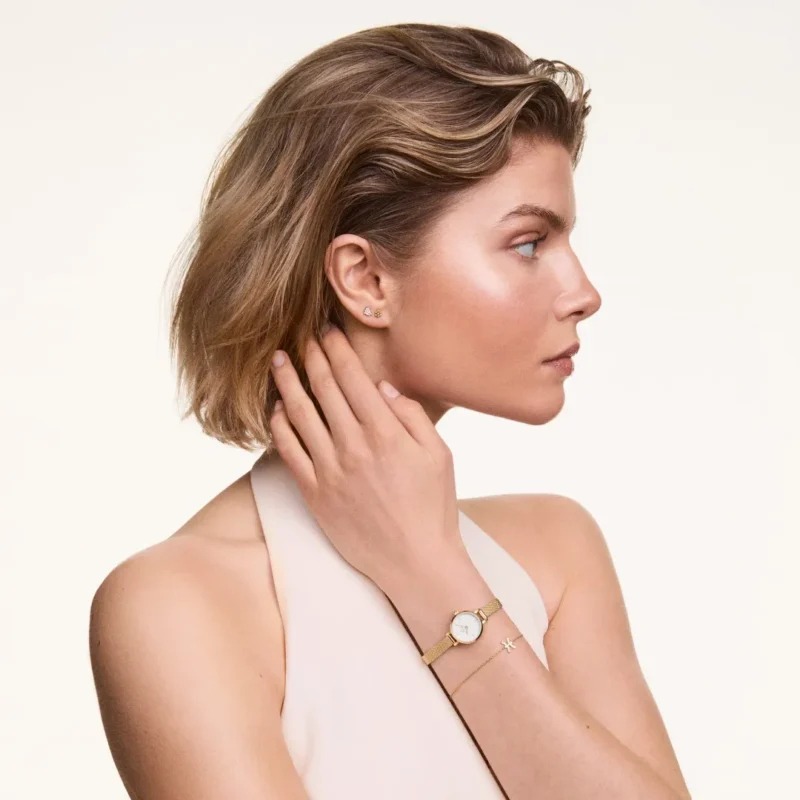 Orologio Daniel Wellington Petite Mini Evergold Acciaio Dorato e Cinturino Maglia Milanese DW00100745 indosso